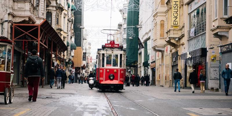 Airplane departing from a Canadian airport with city skyline in background