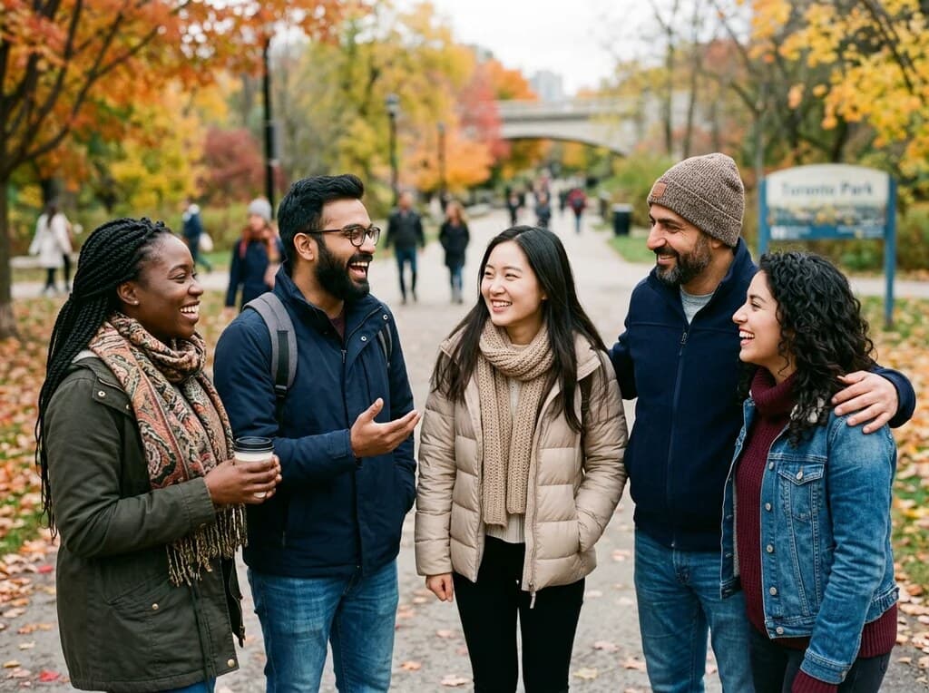 A diverse group of newcomers talking together in a Canadian park