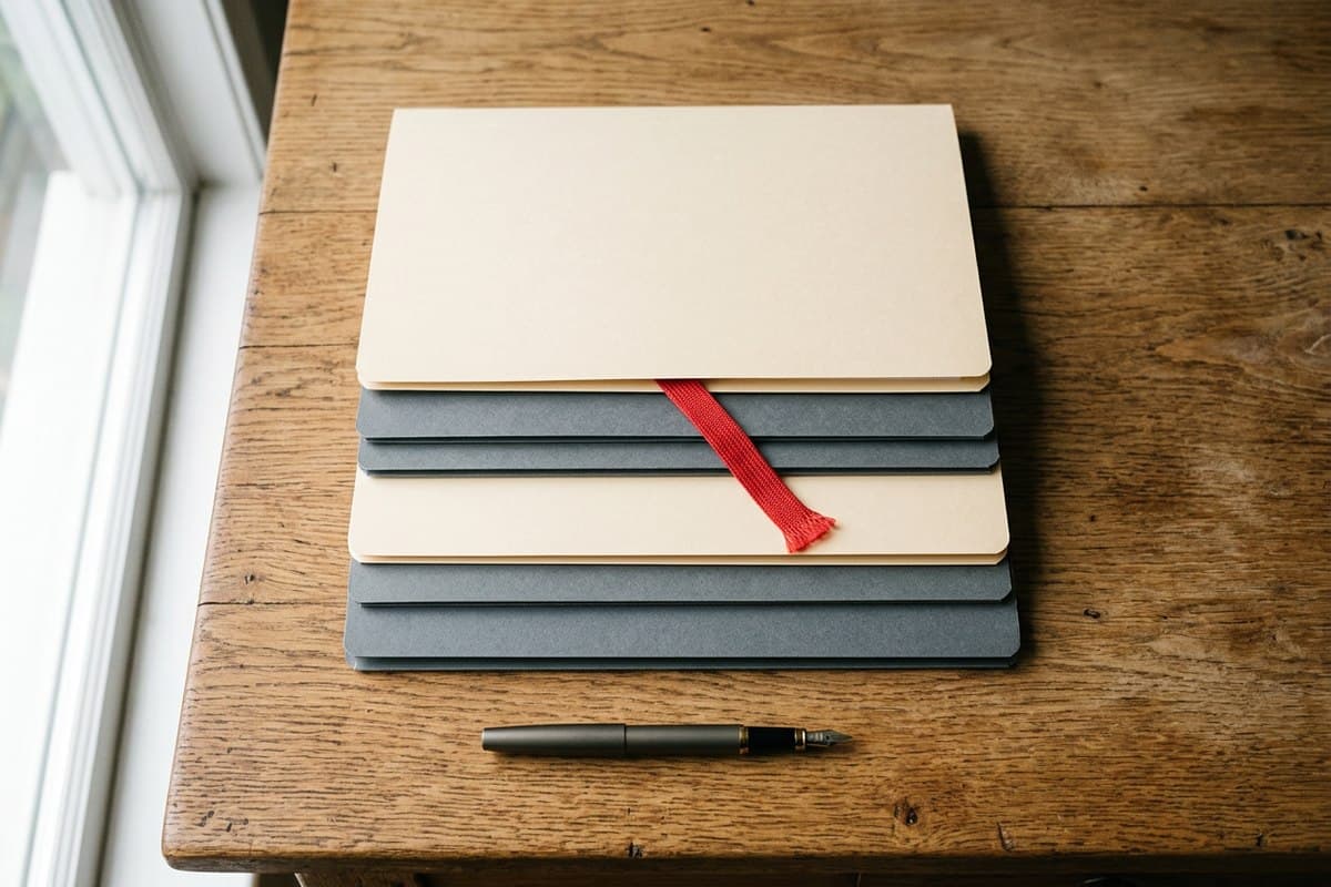 A neat stack of document folders with a red ribbon on a warm wood desk, representing organized paperwork ready for certified translation