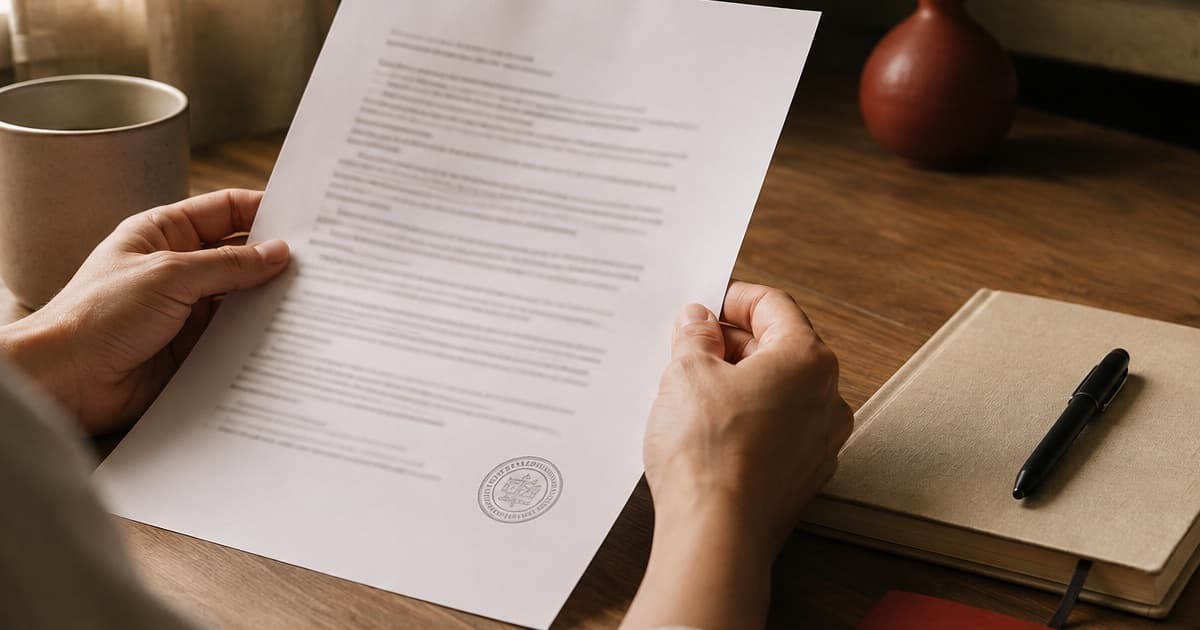 Hands holding a printed document with a small stamp on a wooden desk, reviewing a certified translation