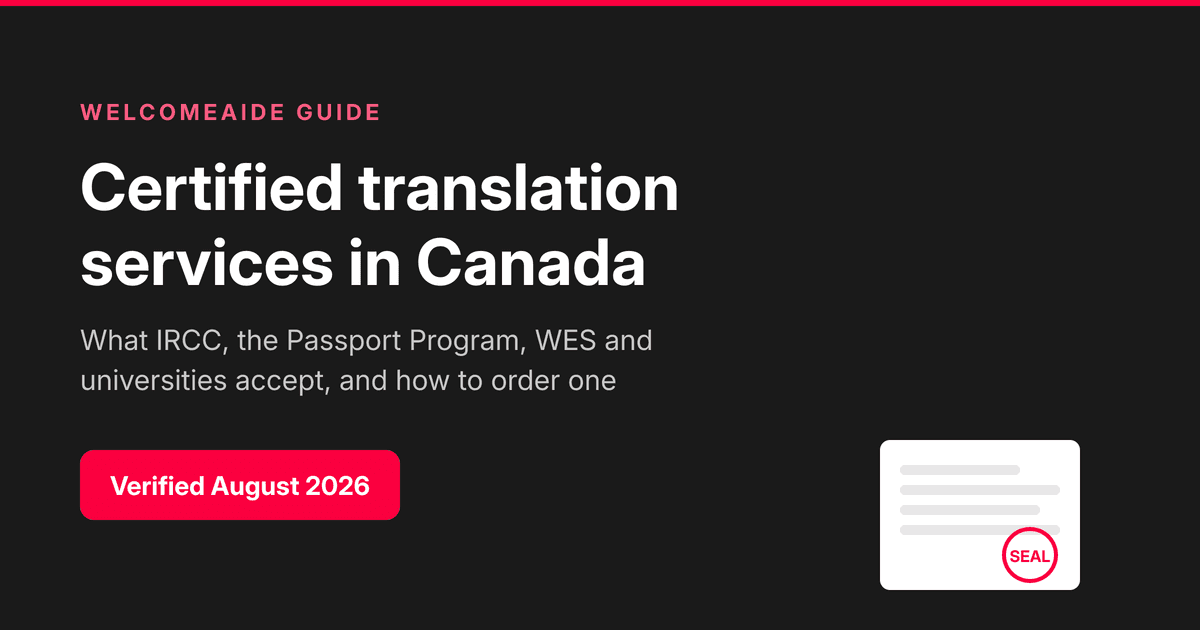 Certified translation services in Canada guide cover with a stamped document illustration