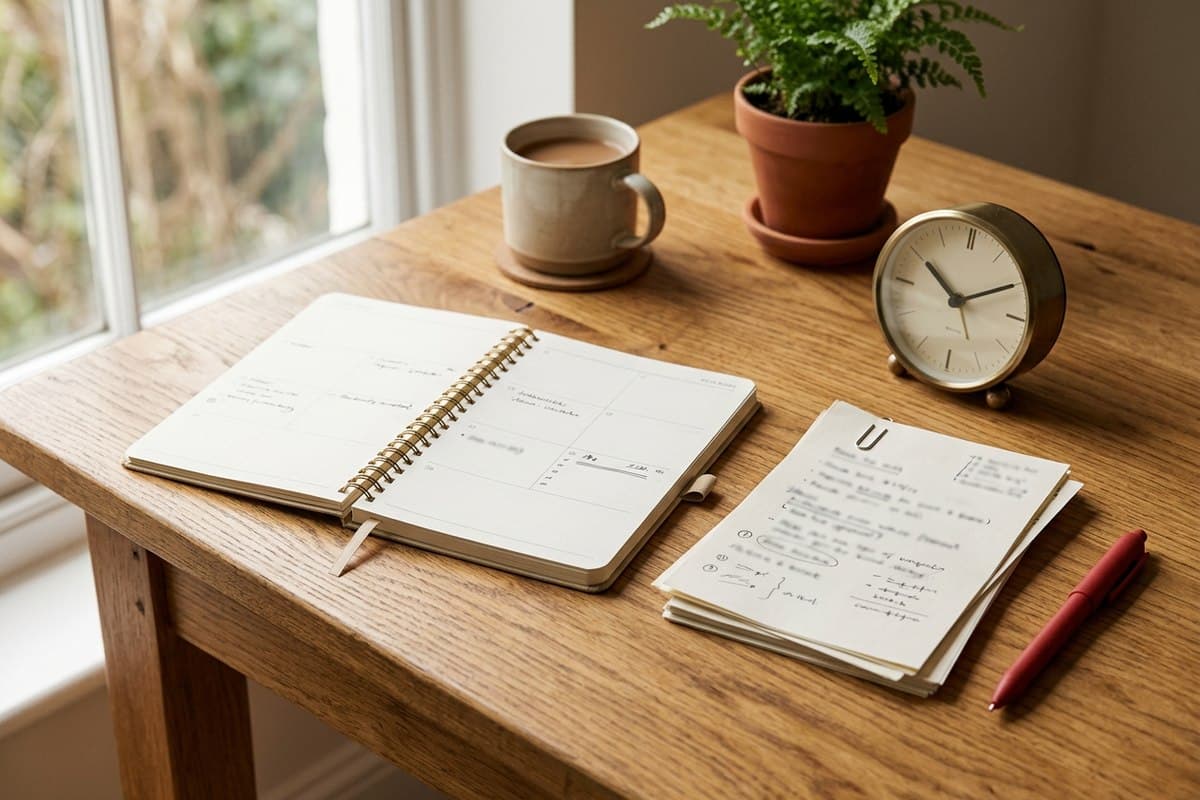 An open desk planner beside a stack of documents and a clock, representing planning around certified translation turnaround time