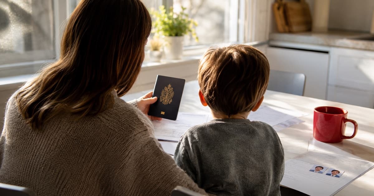 A parent and young child at a kitchen table looking at a Canadian passport together
