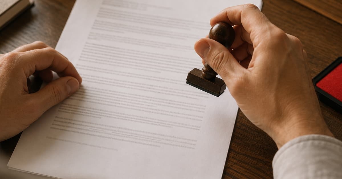 Close-up over-the-shoulder view of hands about to stamp a printed document, with a red ink pad nearby